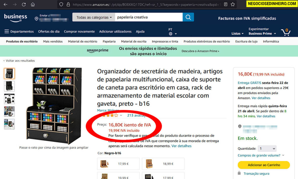 Amazon Espanha com produto sem IVA