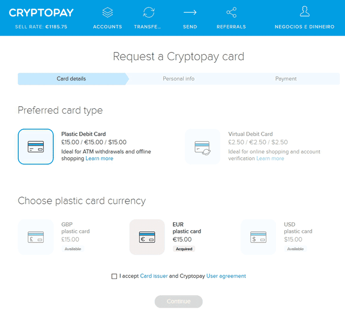 Página para pedir cartão de débito de bitcoins Cryptopay