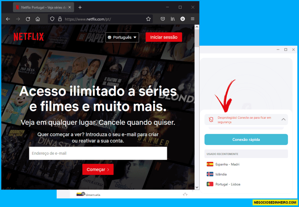 Netflix Portugal com o Surfshark desligado