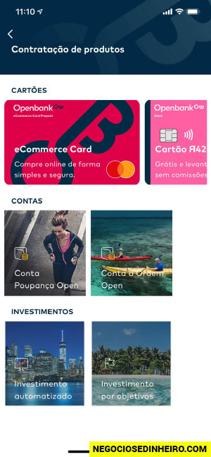 Produtos disponíveis na app Openbank