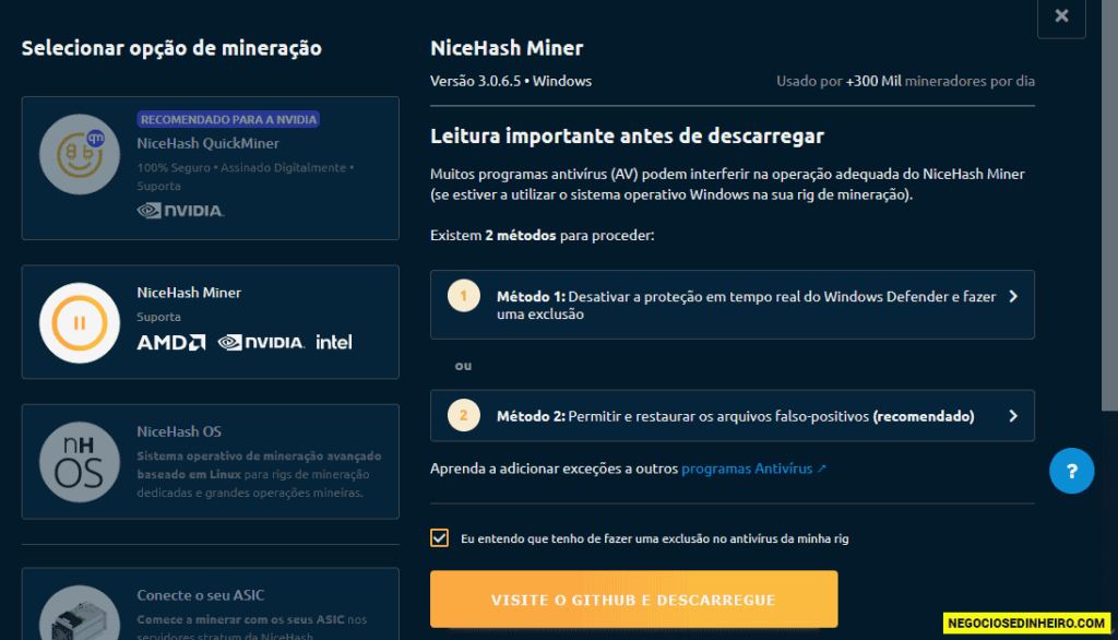 Página com o programa NiceHash Miner para minerar criptomoedas